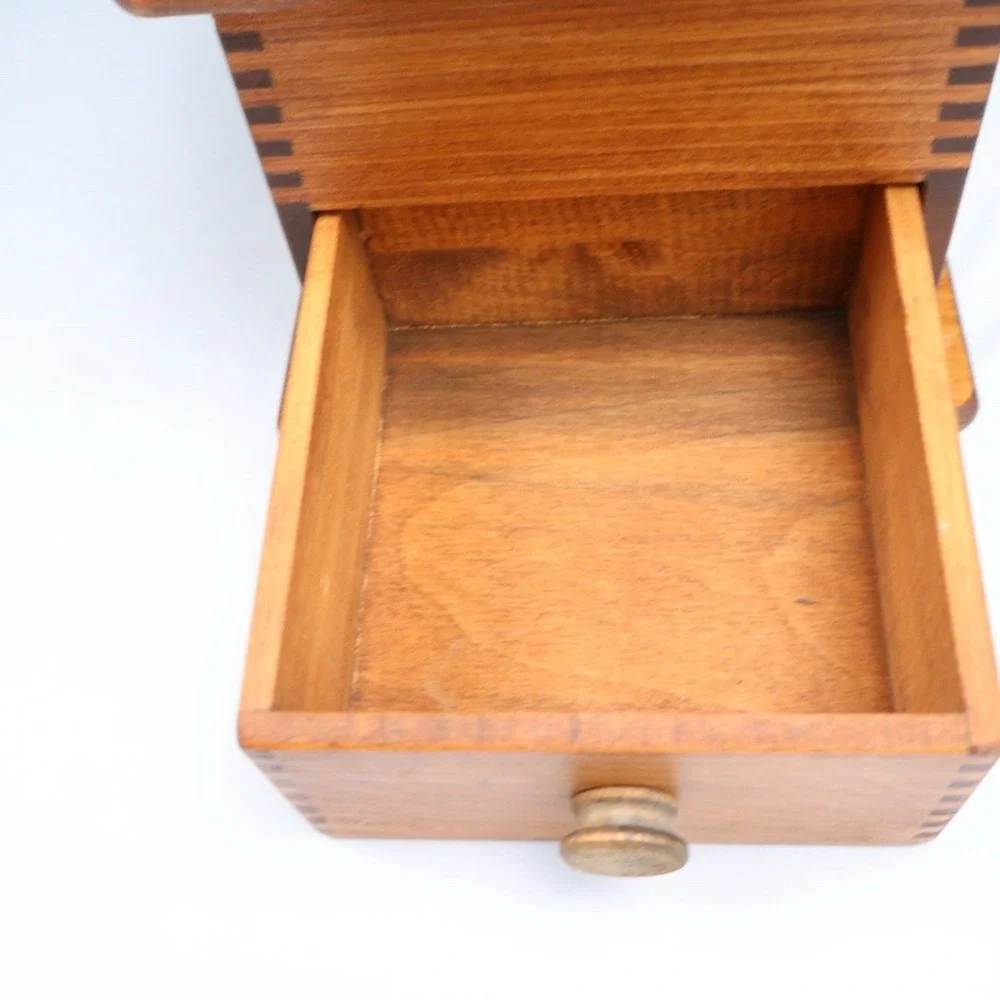 VTG Finger Jointed Wood Coffee Grinder Mill Box + Drawer Hand Crank 5x7